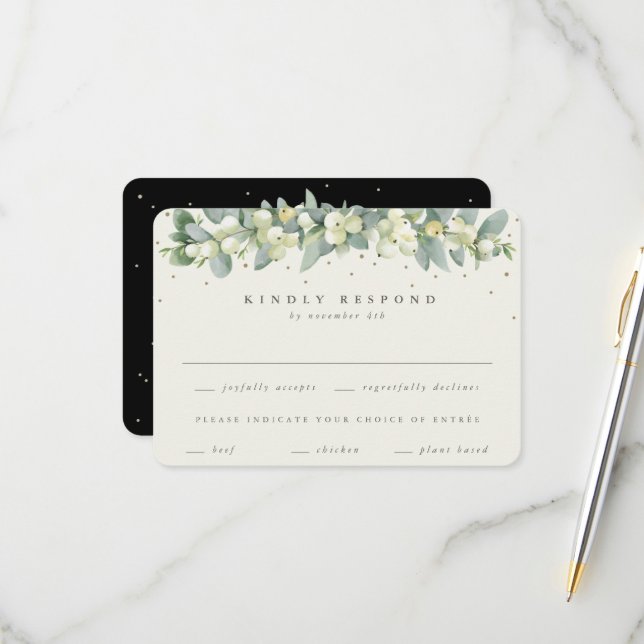 Black Snowberry+Eucalyptus Garland Wedding RSVP Karte (Vorderseite/Rückseite Beispiel)