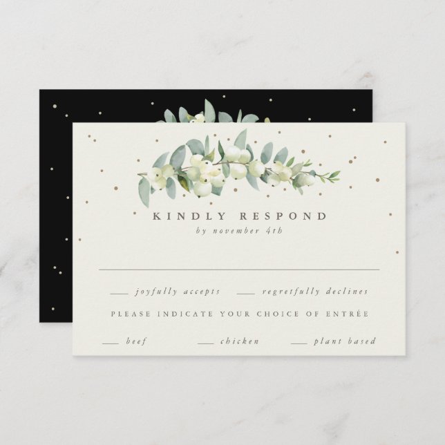 Black Snowberry+Eucalyptus Stem Wedding RSVP Karte (Vorne/Hinten)