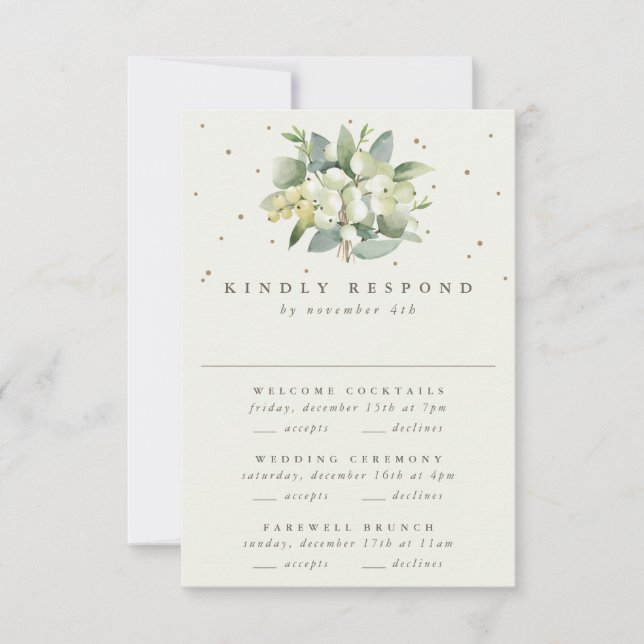 Black Snowberry+Eucalyptus Wedding Multi-Event RSVP Karte (Vorderseite)
