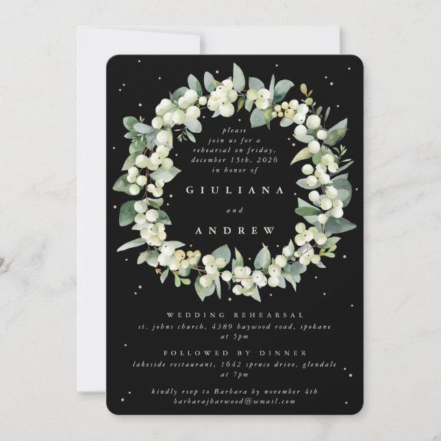 Black Snowberry+Eucalyptus Wedding Probe Einladung (Vorderseite)