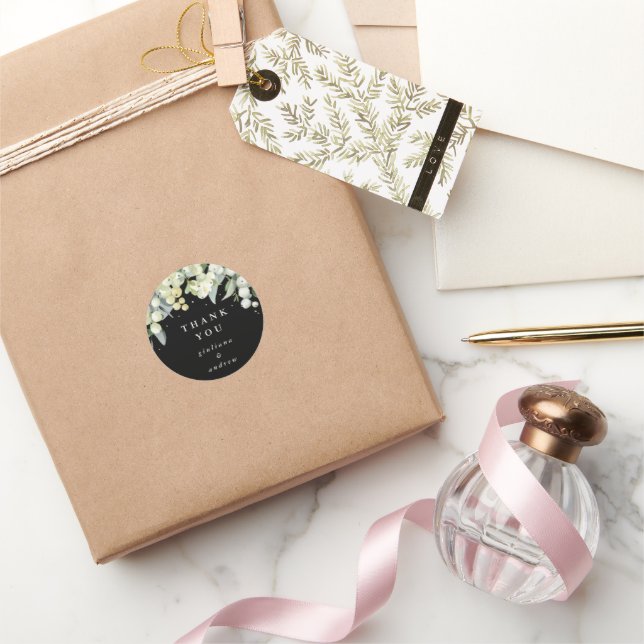 Black Snowberry+Eucalyptus Wedding Vielen Dank Runder Aufkleber (Schenken)
