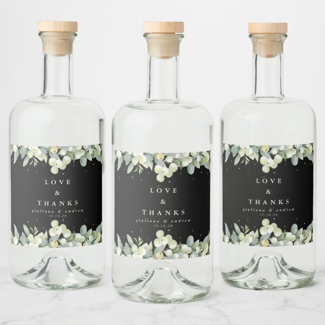 Black Snowberry+Eucalyptus Winter Wedding Alkoholflaschenetikett (Flaschen)