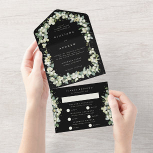 Black Snowberry+Eucalyptus Winter Wedding All In One Einladung