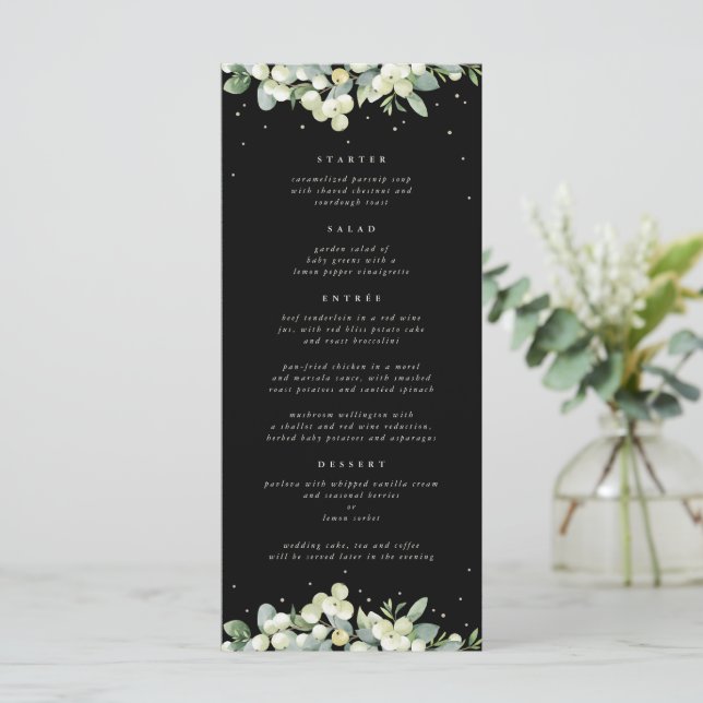 Black Snowberry+Eukalyptus 4 Course Hochzeitswohnu Menükarte (Stehend Vorderseite)
