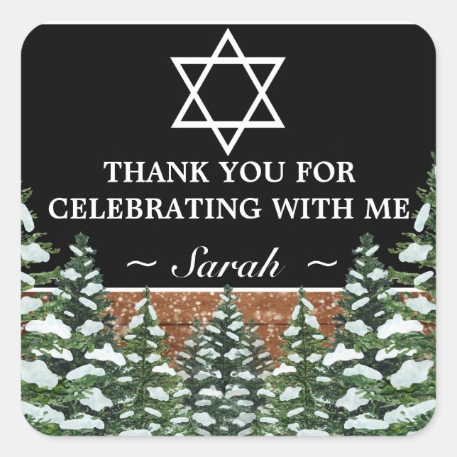 Black Snowy Wald Pine Bat Mitzvah Vielen Dank Quadratischer Aufkleber (Vorderseite)