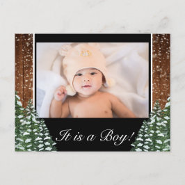Black Snowy Wood & Forest Baby Boy Birth Foto Ankündigungspostkarte
