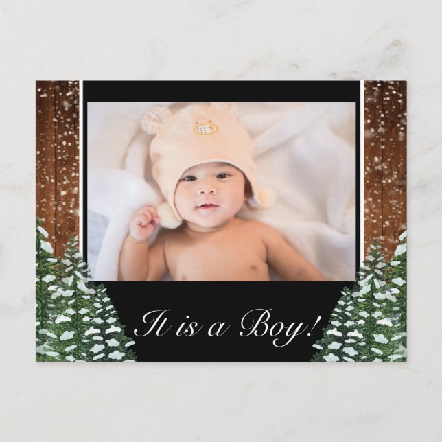 Black Snowy Wood & Forest Baby Boy Birth Foto Ankündigungspostkarte (Vorderseite)