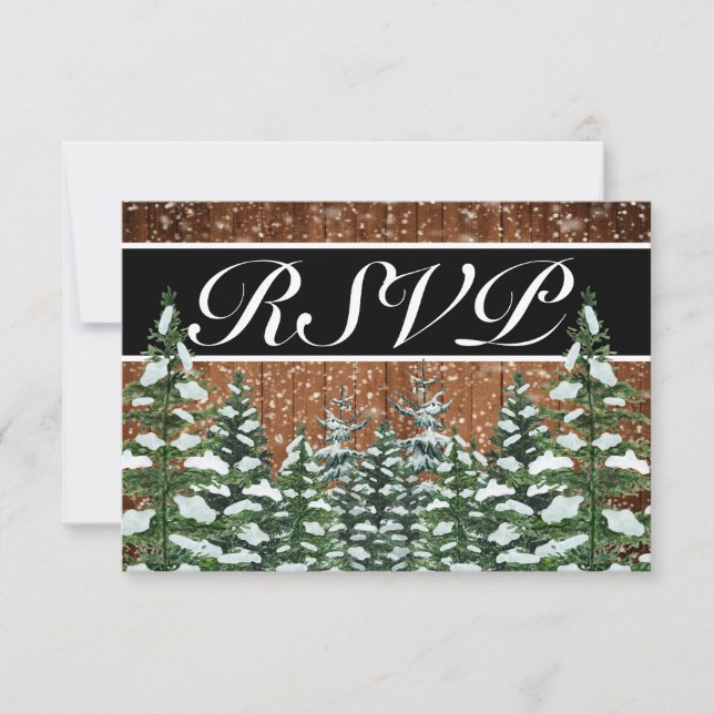 Black Snowy Wood & Forest Country Wedding RSVP Karte (Vorderseite)