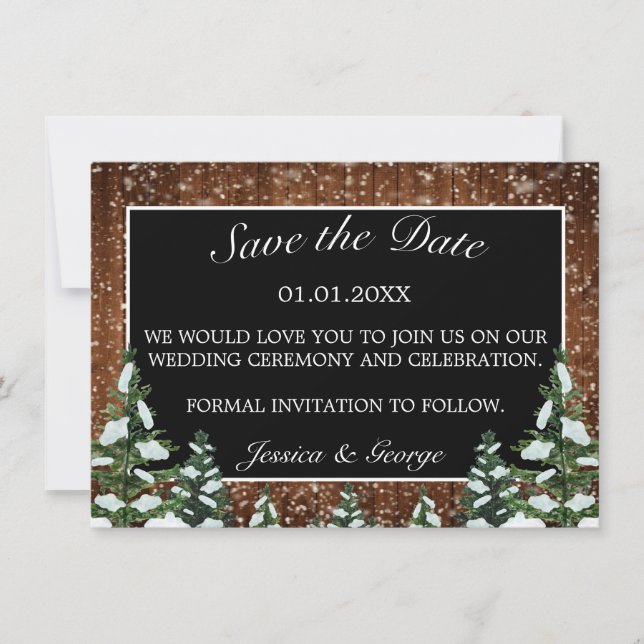 Black Snowy Wood & Forest Country Wedding Save The Date (Vorderseite)