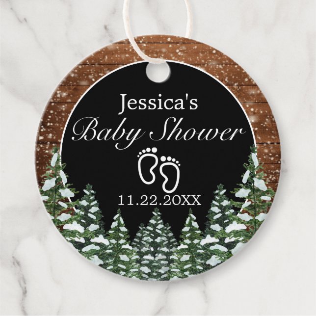 Black Snowy Wood & Forest Pine Baby Dusche Geschenkanhänger (Vorderseite)