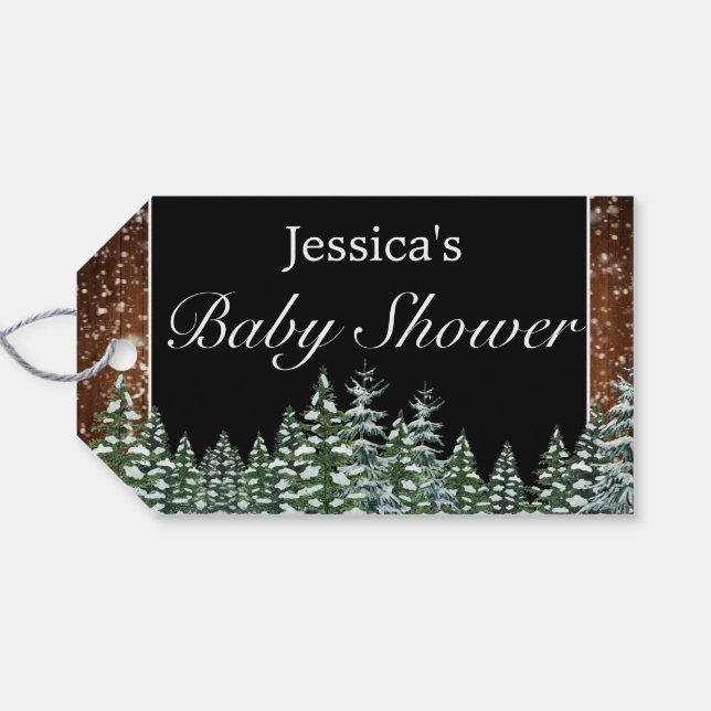 Black Snowy Wood & Forest Pine Baby Dusche Geschenkanhänger (Rückseite Horizontal)
