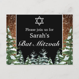 Black Snowy Wood & Forest Pine Bar Bat Mitzvah Ankündigungspostkarte