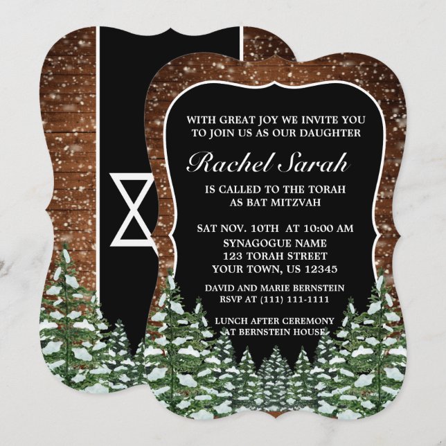 Black Snowy Wood & Forest Pine Bar Bat Mitzvah Einladung (Vorne/Hinten)