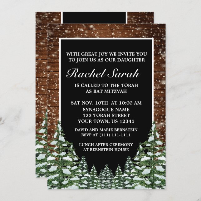 Black Snowy Wood & Forest Pine Bar Bat Mitzvah Einladung (Vorne/Hinten)