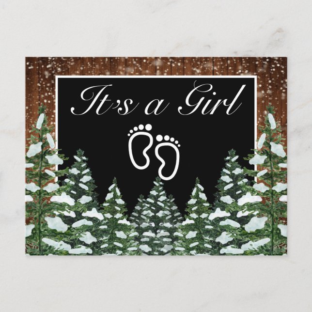 Black Snowy Wood & Forest Pine Es ist ein Mädchen Ankündigungspostkarte (Vorderseite)