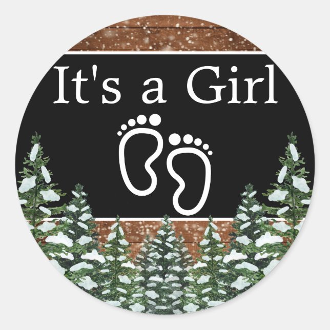 Black Snowy Wood & Forest Pine ES IST EIN MÄDCHEN Runder Aufkleber (Vorderseite)