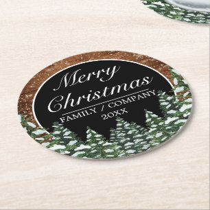 Black Snowy Wood & Forest Pine Frohe Weihnachten Runder Pappuntersetzer