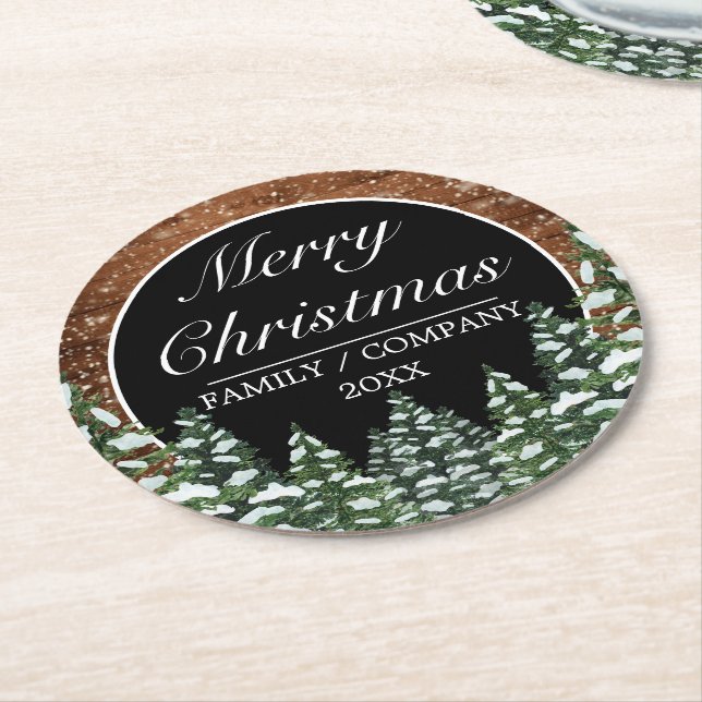 Black Snowy Wood & Forest Pine Frohe Weihnachten Runder Pappuntersetzer (Angewinkelt)