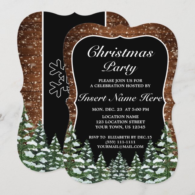 Black Snowy Wood Forest Pine Frohe Weihnachts-Part Einladung (Vorne/Hinten)