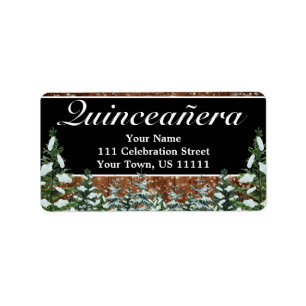 Black Snowy Wood & Forest Pine Quinceañera Adresse Adressaufkleber