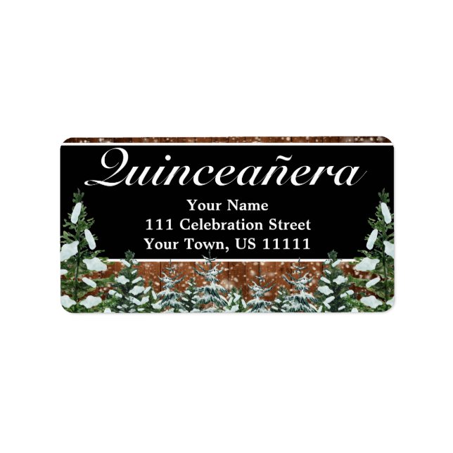 Black Snowy Wood & Forest Pine Quinceañera Adresse Adressaufkleber (Vorne)