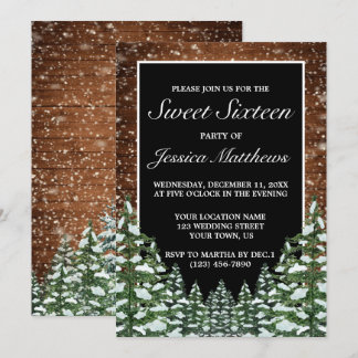 Black Snowy Wood & Forest Pine Tiara Sweet 16 Einladung