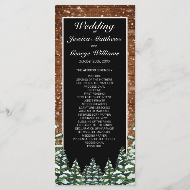 Black Snowy Wood & Forest Pine Wedding Programm (Vorderseite)
