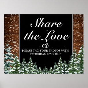 Black Snowy Wood & Forest Pine Wedding Sign Poster