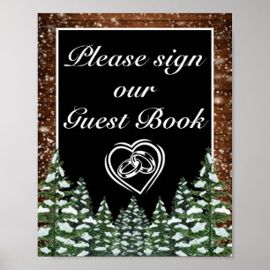 Black Snowy Wood & Forest Pine Wedding Sign Poster