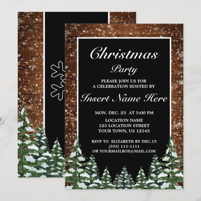 Black Snowy Wood & Forest Pine Weihnachtsfest Part Einladung (Vorne/Hinten)