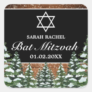 Black Snowy Wood & Forest Rural Pine Bat Mitzvah Quadratischer Aufkleber