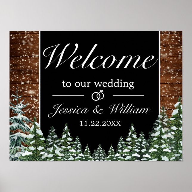 Black Snowy Wood & Forest Wedding Willkommenszeich Poster (Vorne)