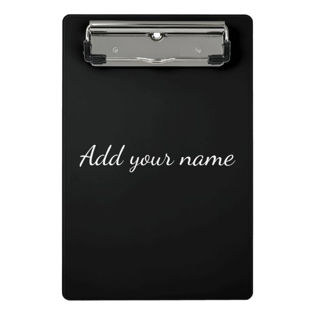 Black solid add name text message throw pillo mini klemmbrett (Vorderseite)