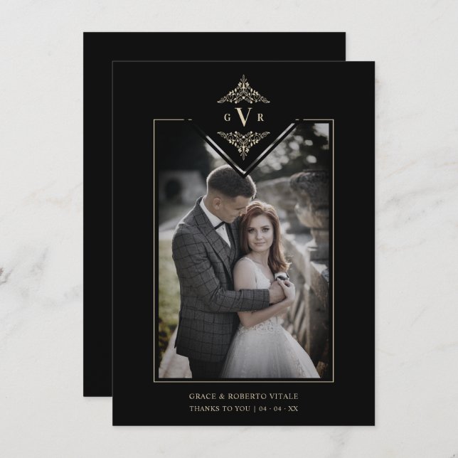 Black Sophisticate Flourish Chic Golden Initials Dankeskarte (Vorne/Hinten)