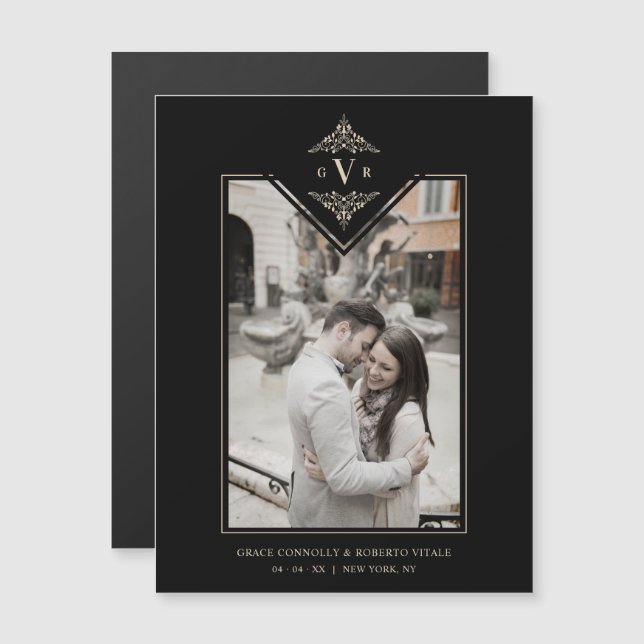 Black Sophisticate Flourish Chic Golden Initials Magnetkarte (Vorne/Hinten)