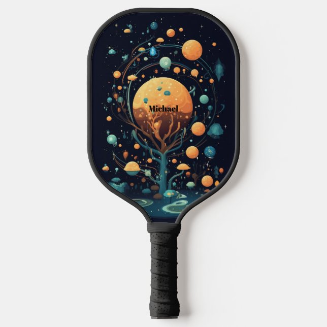Black Space Planet Design Modern Monogram Pickleball Schläger (Vorderseite)