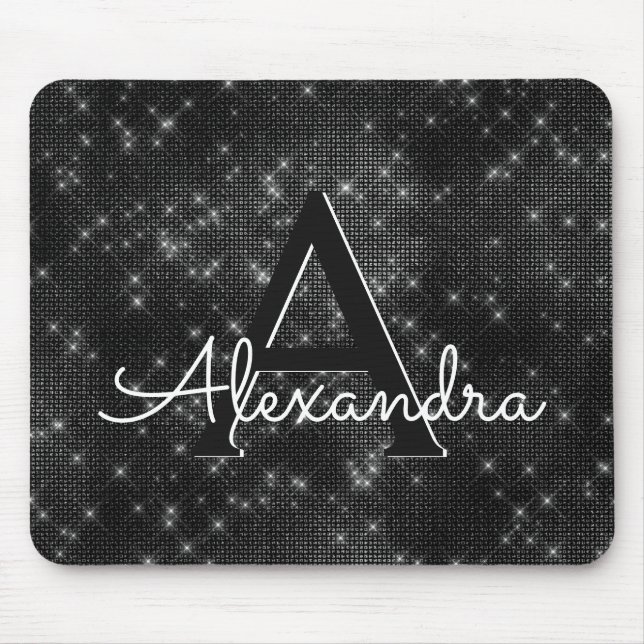 Black Sparkle Girly Monogram Name Mousepad (Vorne)