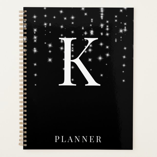 Black Sparkle Modern Glam Monogram Planer (Vorderseite)