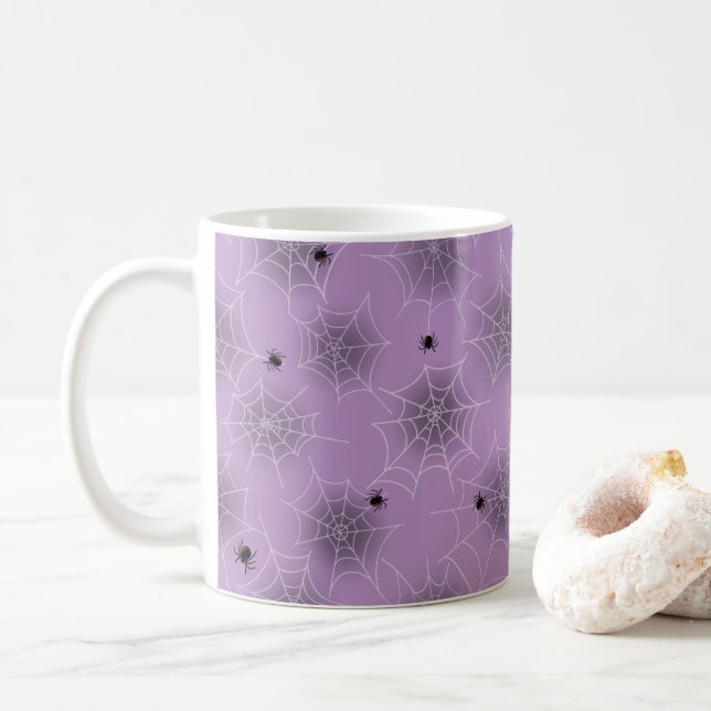 Black Spider White Web Lila Halloween-Tasse Kaffeetasse (Mit Donut)