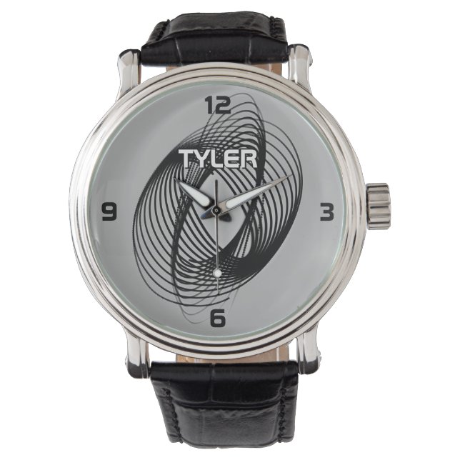 Black Spiral, DIY Name White & Blk Kontur, Grau Armbanduhr (Vorderseite)