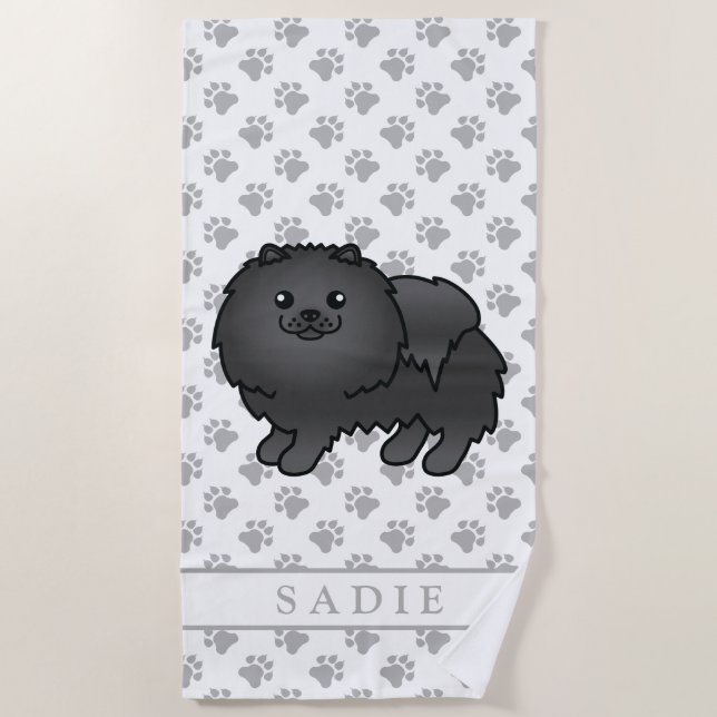 Black Spitz Niedlich Cartoon Dog & Name Strandtuch (Vorderseite)