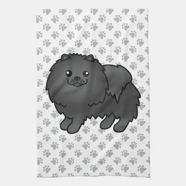 Black Spitz Niedlich Cartoon Dog & Paws Geschirrtuch (Vertikal)