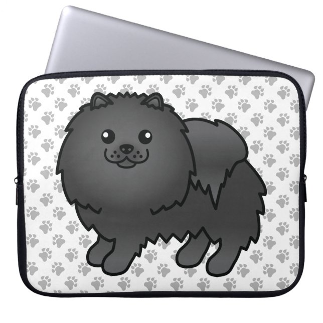 Black Spitz Niedlich Cartoon Dog & Paws Laptopschutzhülle (Vorderseite)