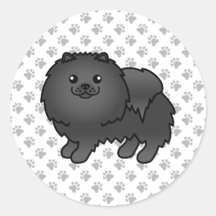 Black Spitz Niedlich Cartoon Dog & Paws Runder Aufkleber