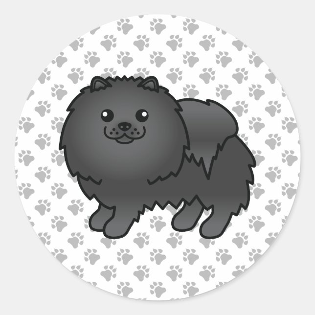 Black Spitz Niedlich Cartoon Dog & Paws Runder Aufkleber (Vorderseite)