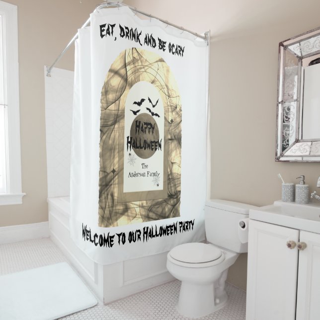 Black Spooky Full Moon Bats Spider Happy Halloween Duschvorhang (Beispiel)