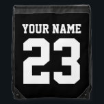 Black sports gym drawstring backpack bag sportbeutel<br><div class="desc">Black sports gym drawstring backpack bag. Personalized jersey number drawstring backpack. Cool sports / gym bag for men women and kids. Make one for yourself or team. Add your custom name. Perfect for fitness,  basketball,  baseball,  football,  soccer,  volleyball,  softball,  lacross and more athletic games.</div>