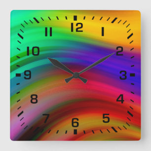 Black Square Numbers / Rainbow Wave Stripes Quadratische Wanduhr