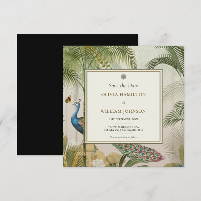 Black Square Tropical Peacock Palm Save the Date (Vorne/Hinten)