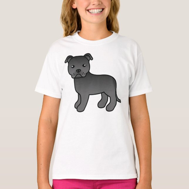 Black Staffordshire Bull Terrier Cartoon Dog T-Shirt (Vorderseite)